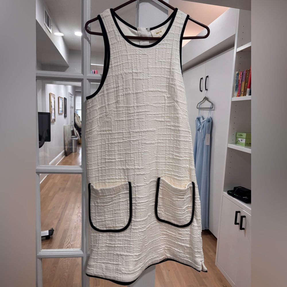 Anthropologie Cream Textured Mini Dress with Black Trim